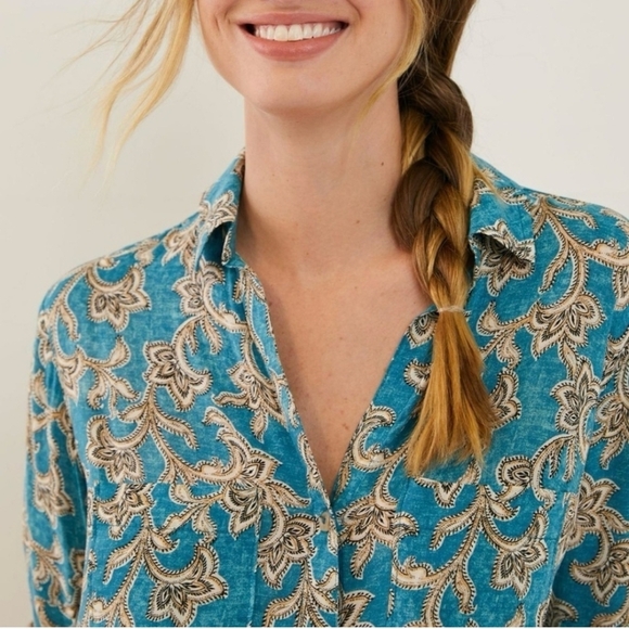 Anthropologie Pilcro Leilani Blue Motif Tunic Long Sleeve Button Down Shirt SM - Picture 3 of 15
